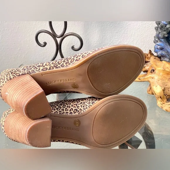 Lucky Brand Joal Leopard Print Leather Stacked Chunky Heel Peep Toe Shooties 7.5 - Picture 4 of 13